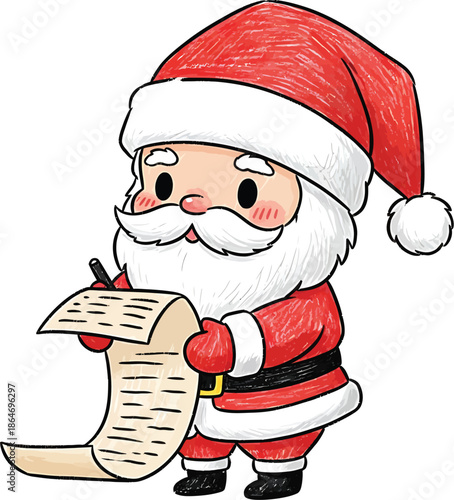 Santa Claus writing a list, cartoon illustration of Christmas holiday spirit, festive drawing for celebrations max 200 chars