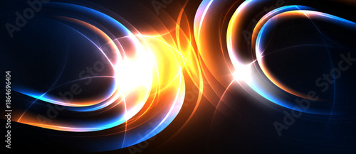 Bright abstract energy flows, vibrant curves intersect. Blue, orange hues dominate dark background. Dynamic composition creates visual impact.