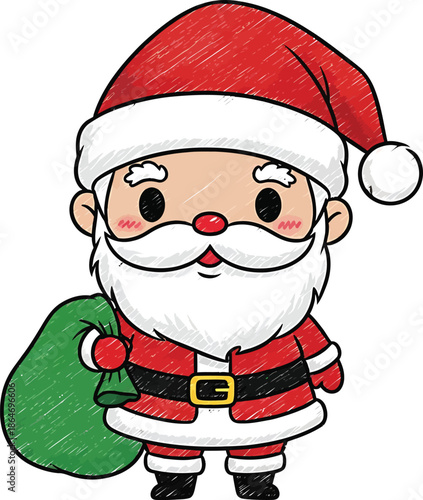 Cute illustration of Santa Claus carrying a green gift sack, perfect for Christmas themes and holiday designs.
