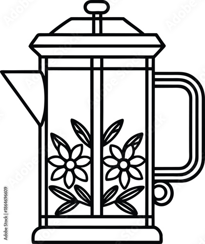 A simple black and white line drawing depicting a french press with floral designs inside