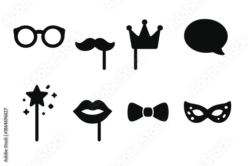 Birthday Photo Props. Birthday photo props. Filled icon set of Birthday photo props: glasses, moustache, crown