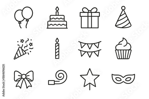 Blue Birthday Icons. Blue birthday celebration setup. Line outline icon set of Blue birthday celebration setup