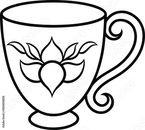 A simple black and white line drawing of a decorative teacup with floral designs is presented