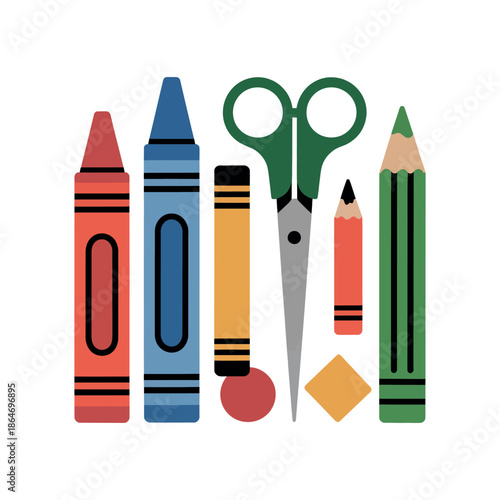 Assorted art supplies like crayons and scissors are arranged.