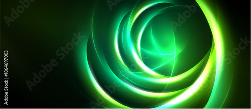 Abstract green swirls, luminous lines create dynamic energy. Dark background emphasizes bright, flowing forms. Modern design.