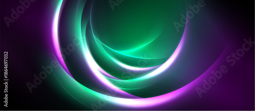 Abstract swirls, vibrant colors, green, purple, white. Smooth gradients create dynamic, flowing shapes against dark background.
