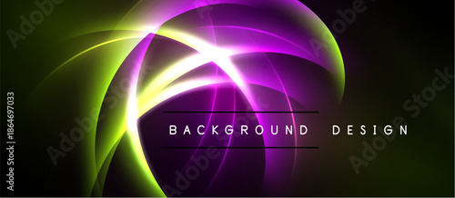 Abstract vibrant design features glowing curves, gradients. Dark background emphasizes bright purple, green light effects. Modern, dynamic composition.