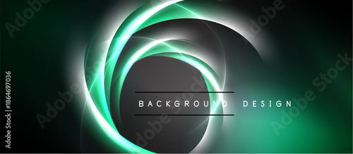 Abstract background features swirling green light, silver accents. Dark shades dominate composition, creating dynamic visual effect. Text reads background design.