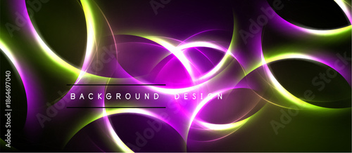 Abstract design features vibrant purple, green hues. Smooth curves create dynamic, flowing composition. Dark background emphasizes bright elements.