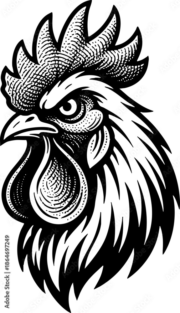 Fototapeta premium Fierce Rooster Head Drawing Vintage Engraving Style