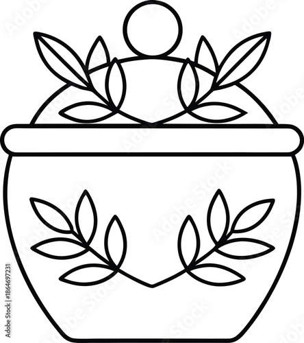 A simple black and white line drawing of a rounded pot adorned with foliage and a circular element