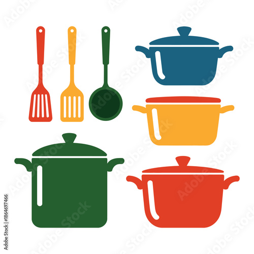 A colorful illustration of kitchen utensils and pots for cooking and food preparation