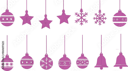 Set of pink glass baubles and winter snowflake ornaments with vector illustration design for hanging decoration