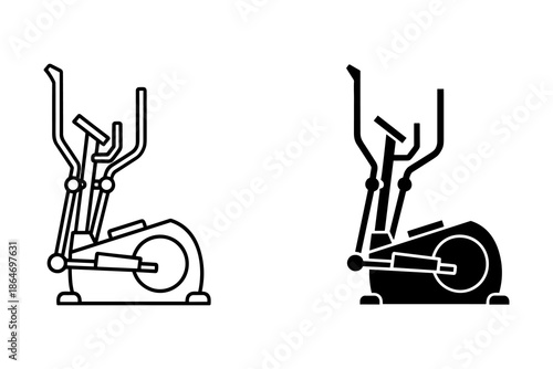 A black and white illustration of two elliptical exercise machines