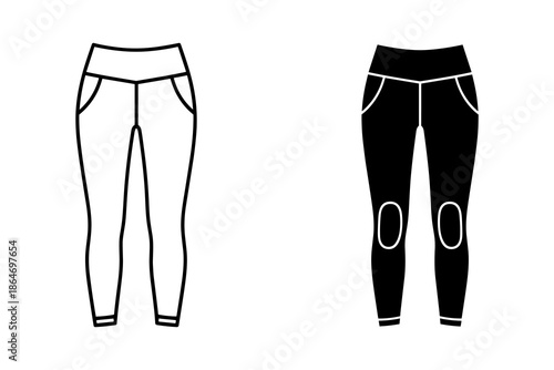 A technical drawing of two pairs of athletic leggings in different colors