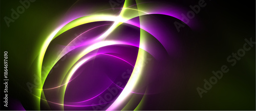Abstract glowing lines form swirling shapes. Vivid purple, green, yellow hues dominate dark background. Dynamic energy radiates from center.