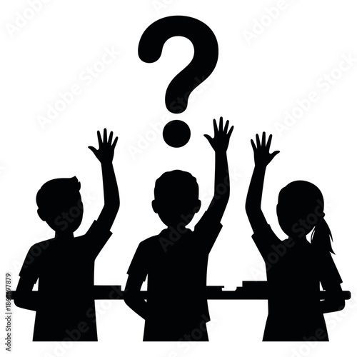 Three children with hands raised in a questioning gesture