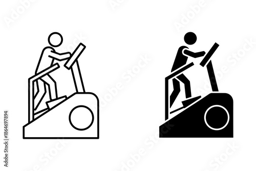 A graphic illustration of two stick figures running on treadmills in black and white