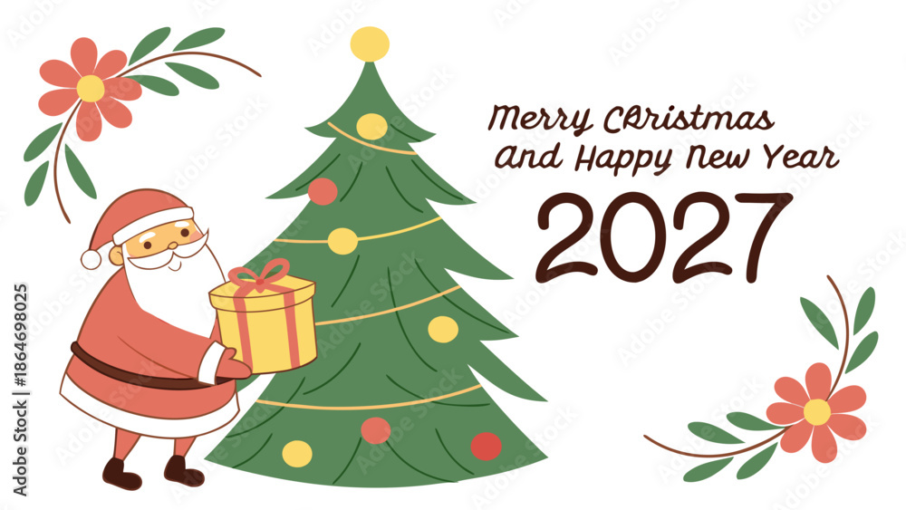Naklejka premium “Merry Christmas and Happy New Year 2027 Greeting Cards – Santa Gift Illustrations & Festive Tree Designs for Joyful Holiday Celebrations and Seasonal Cheer”