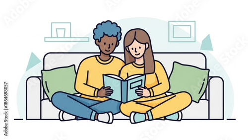 Couple reading a book together on a sofa illustration of shared hobby and relaxation flat design for lifestyle concepts