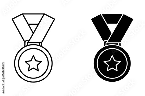 A black and white illustration of two medals with stars on a plain background