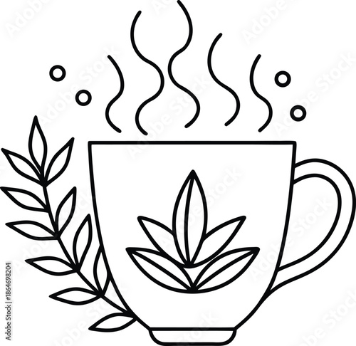 A simple black and white illustration depicts a steaming cup with botanical elements and subtle decorative details
