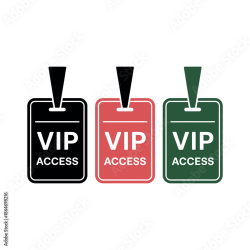 Three colorful VIP access badges on a white background for exclusive event entry