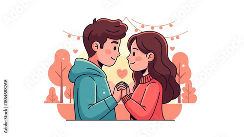 Couple holding hands in romantic park setting illustration for Valentines Day or love concept flat design with warm colors