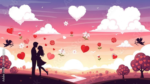 Couple embracing at sunset with hearts and cupids romantic landscape illustration for Valentines Day love concept