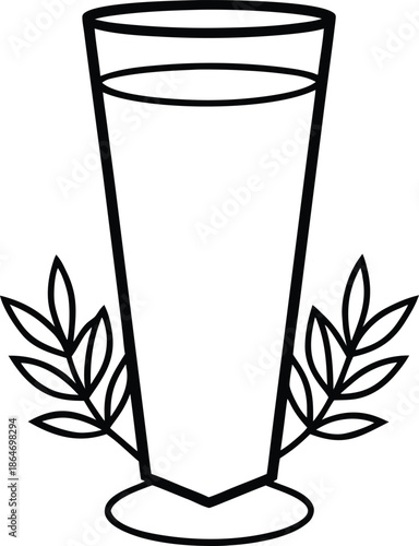 A simple black and white line drawing of a tall glass filled with liquid and leafy sprigs