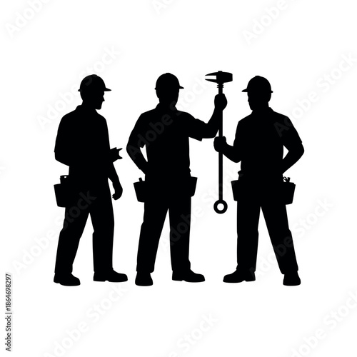 Three construction workers in silhouette discussing a project with tools