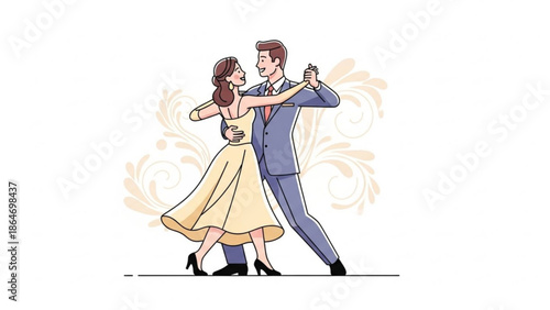 Elegant couple dancing ballroom romantic waltz in formal attire vector illustration for events and celebrations