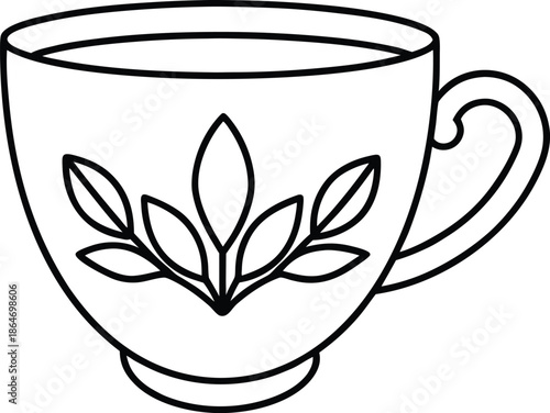 A simple black and white line drawing depicts a teacup with a floral leaf design on its surface