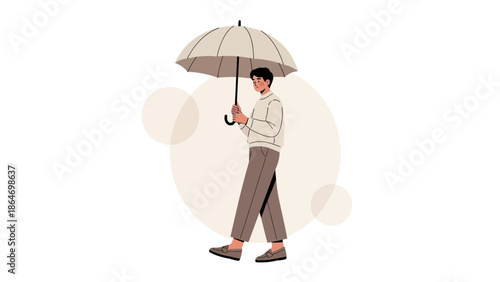 Casual young man holding beige umbrella in a minimalistic style illustration