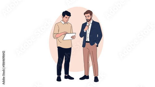 Business Meeting with Two Men Discussing Data and Strategies in an Office Environment