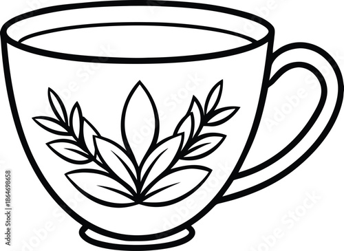 A simple black and white line drawing depicts a teacup with botanical floral designs on its surface