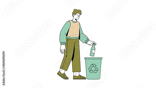 Illustration of a person disposing of a bottle into a recycling bin emphasizing environmental