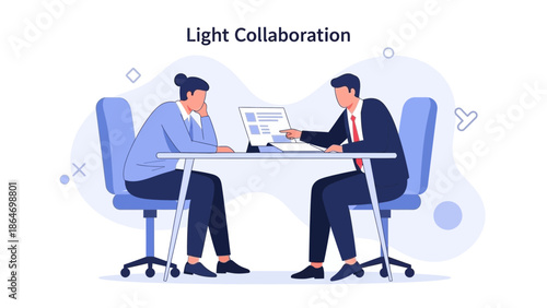 professional business meeting with two colleagues collaborating on a project in an office setting