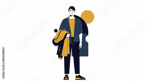Stylish young man standing with backpack in casual attire against abstract background