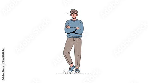 Stylish young man standing with crossed arms in casual attire and modern sneakers