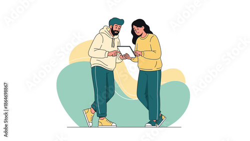 Young couple engaging with a tablet together outdoors in a modern illustrated graphic