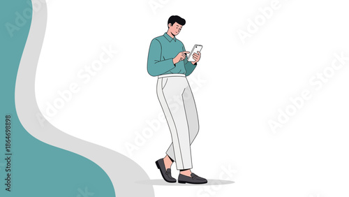 Stylish young man standing and using smartphone with focused expression in casual attire in a