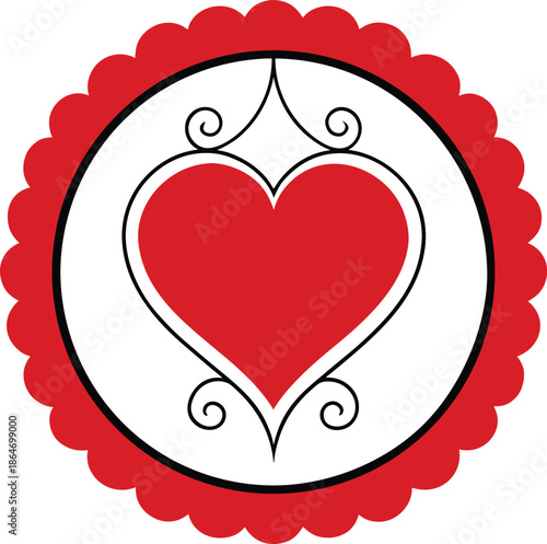 A vibrant red heart design enclosed within a circular frame adorned with a decorative red scalloped border