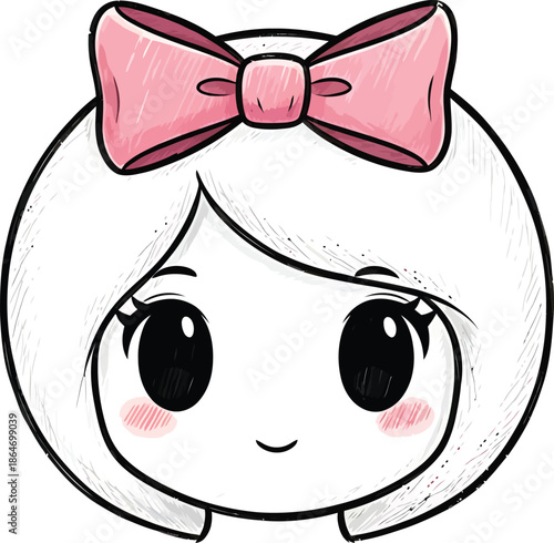 Cute Kawaii Girl Face with Pink Bow, Anime Manga Art Style, Cartoon Portrait