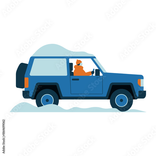 A cartoon illustration of a person driving a blue SUV through the snow.