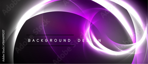 Abstract purple design features flowing lines, bright highlights. Background includes text background design centered within curves. Dramatic, modern aesthetic.