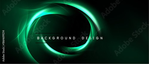 Dark backdrop features glowing green circular layers. Text reads background design centered within shape. Minimalist, modern aesthetic.