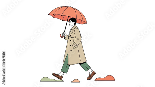 illustration of a person walking with an umbrella in rain wearing a trench coat and casual shoes