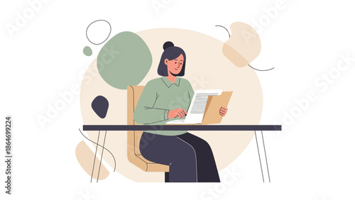 illustration of a woman reading documents at her desk in a minimalist style work environment
