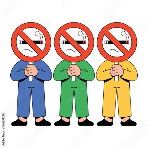 Three cartoon characters holding no smoking signs with cigarette symbols on their faces